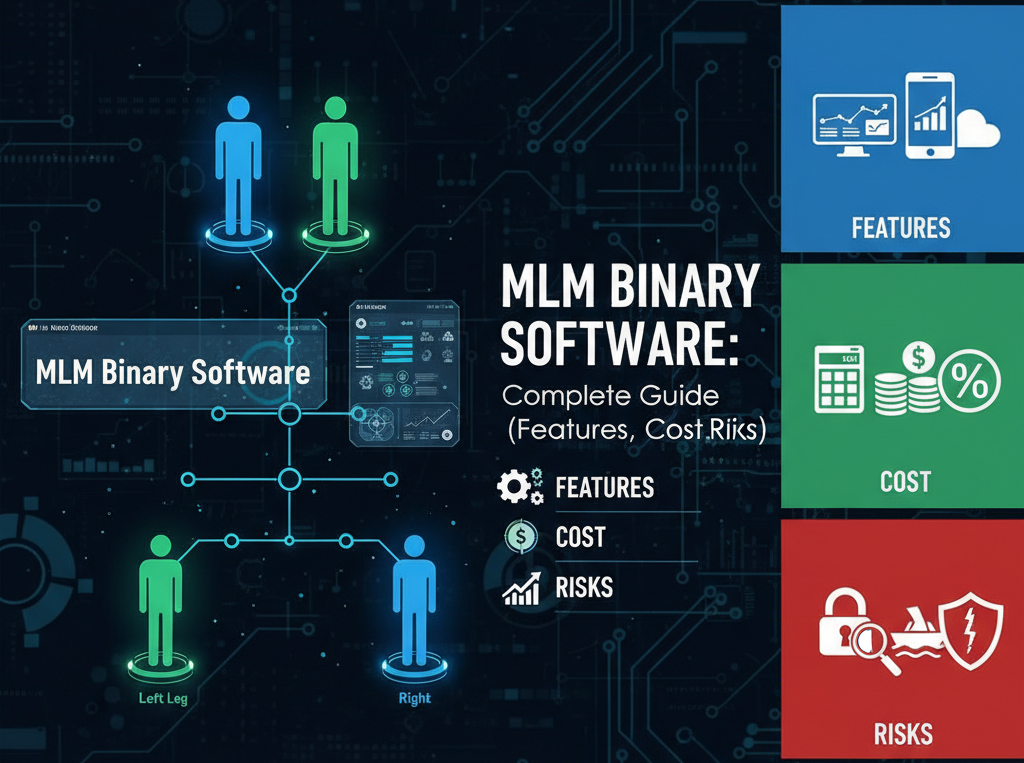 Binary MLM software network structure with two-leg branching diagram on screen